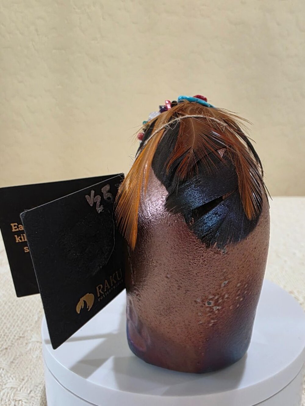 Jeremy Diller Raku Pottery Spirit Bear Fetish Figurine Turquoise Eye Feathers B2 - Picture 9 of 17
